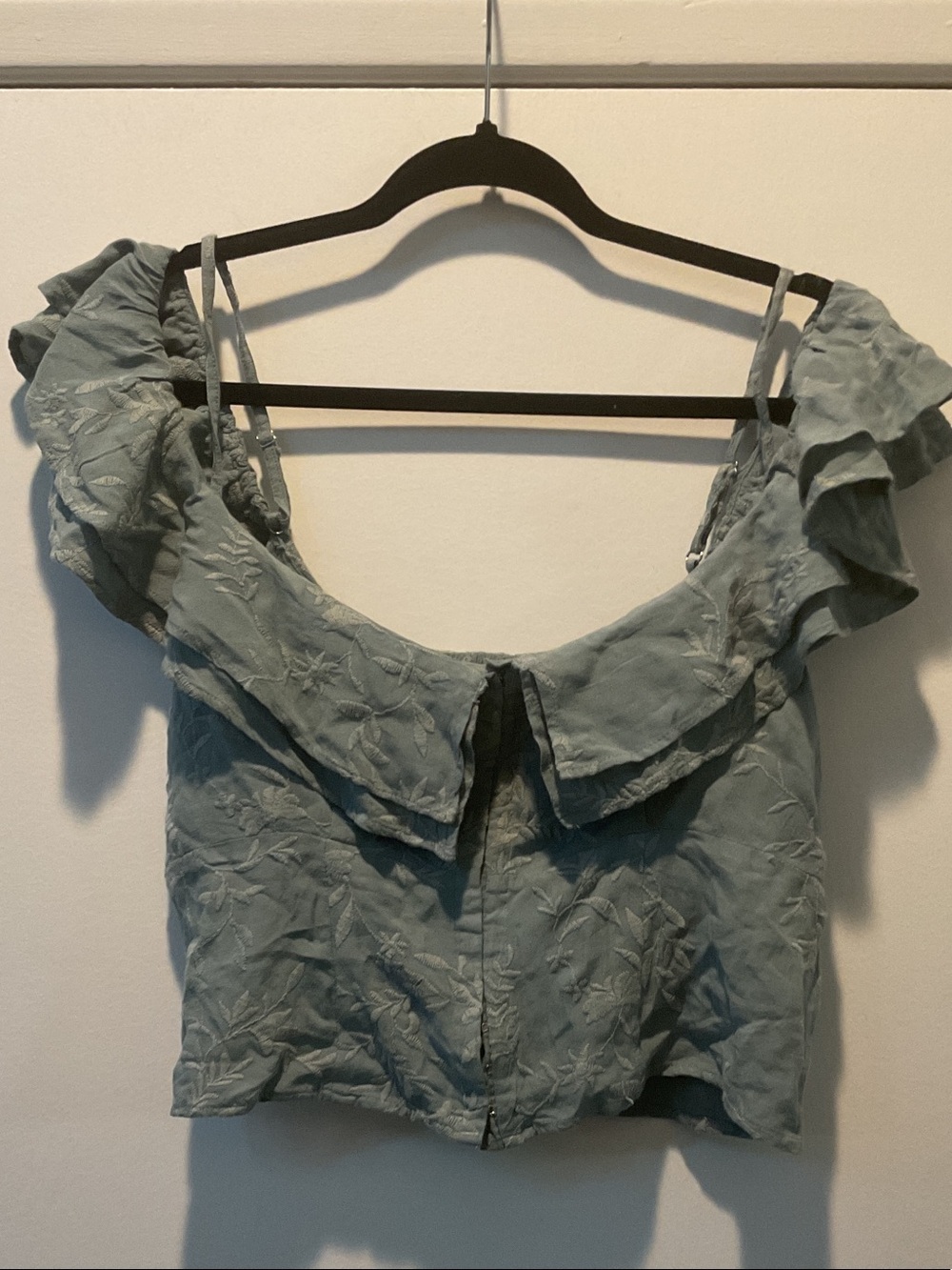 Guess Sage Green Ruffle Off-Shoulder Crop Top
